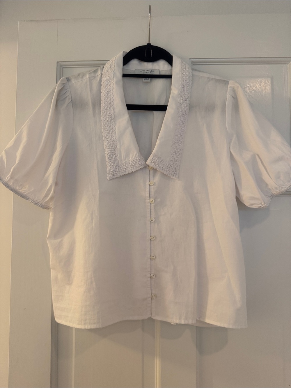 Ann Taylor White Button-Front Blouse with Embroidered Collar